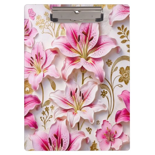 Elegant Pink Lilies with Golden Botanical Accents Klemmbrett (Vorderseite)
