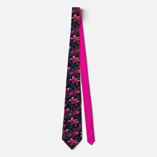 Elegant Pink Lily Floral Pattern on Black Krawatte (Vorderseite)