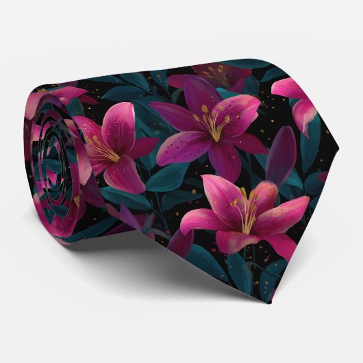 Elegant Pink Lily Floral Pattern on Black Krawatte (Gerollt)