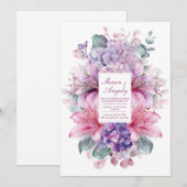 Elegant Pink Lily Purple Hydrangea Watercolor Einladung (Vorne/Hinten)