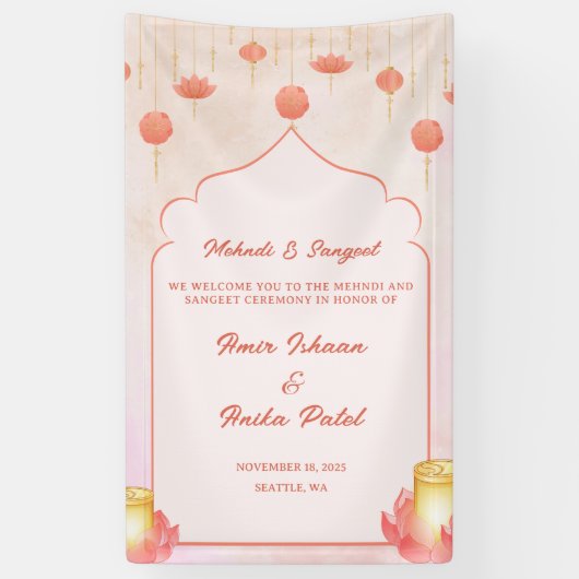 Elegant Pink Lotus Lanterns Mehndi Sangeet Banner (Vertikal)
