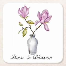 Elegant Pink Magnolia Watercolor in Glass Vase Rechteckiger Pappuntersetzer