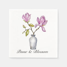 Elegant Pink Magnolia Watercolor in Glass Vase Serviette