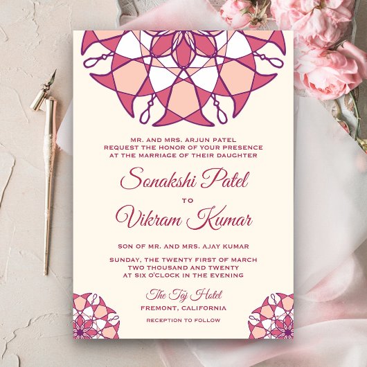 Elegant Pink Mandala Indian Wedding Einladung