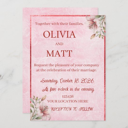 Elegant Pink Marble Watercolor Einladung (Vorne/Hinten)