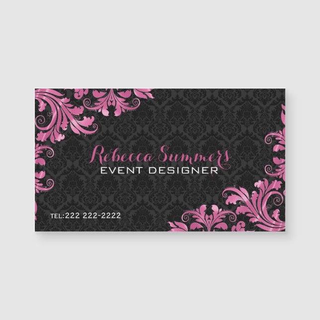Elegant Pink Metall Lace Black Damasks Magnetkarte (Vorderseite)