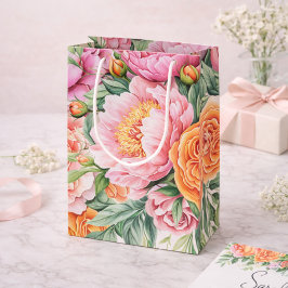 Elegant Pink & Orange Peonies Floral Gift Bag Mittlere Geschenktüte
