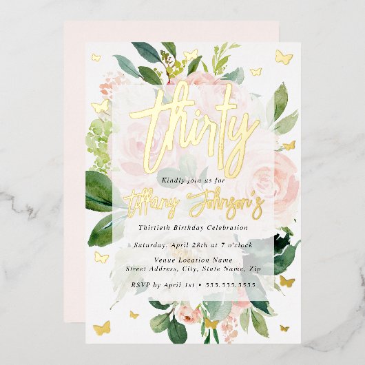 Elegant Pink Peach Bloom 30. Folieneinladung (Vorderseite/Rückseite)