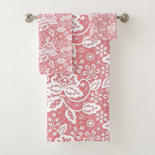 ELEGANT PINK PEACH LACE BADEZIMMER TOWEL SET (Insitu)