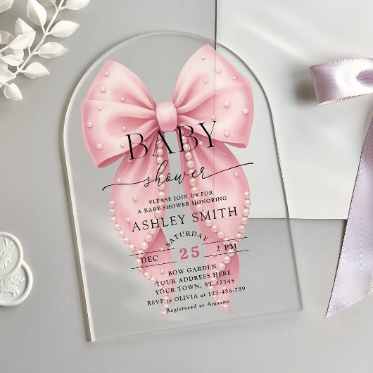 Elegant Pink Pearl Bow Baby Shower Acryleinladungen
