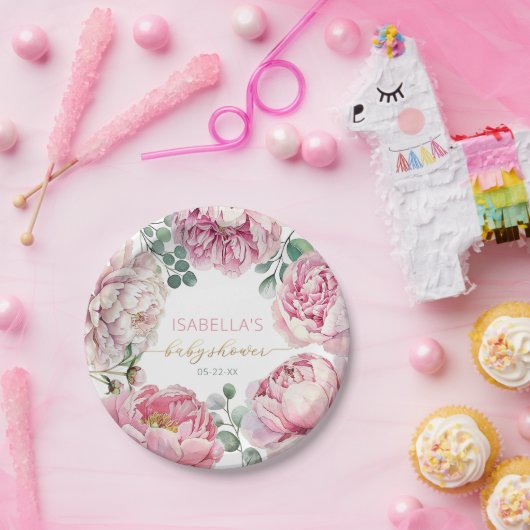 Elegant Pink Peony and Greenery Girl Baby Shower P Pappteller (Party)