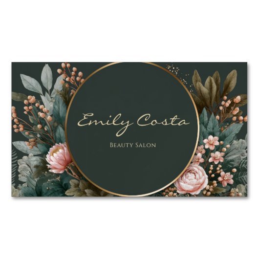 Elegant Pink Peony Botanical Dark Teal Gold Circle Magnetische Visitenkarte (Vorderseite)