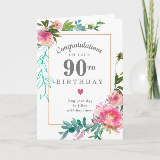 Elegant Pink Peony Floral 90. Geburtstag Karte (Vorderseite)