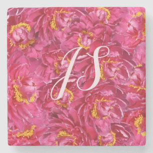 Elegant Pink Peony Stilvolle Kalligraphie Monogram Steinuntersetzer