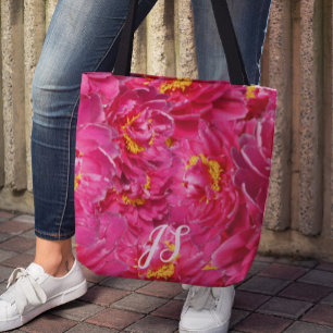 Elegant Pink Peony Stilvolle Kalligraphie Monogram Tasche
