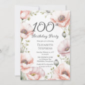 Elegant Pink Poppies Floral 100th Birthday Party Einladung (Vorderseite)