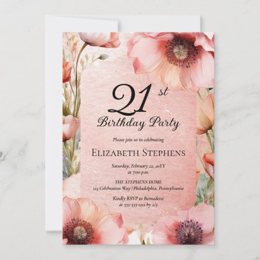 Elegant Pink Poppies Floral 21st Birthday Party Einladung (Vorderseite)