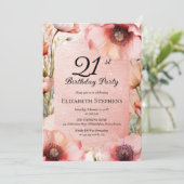 Elegant Pink Poppies Floral 21st Birthday Party Einladung (Stehend Vorderseite)