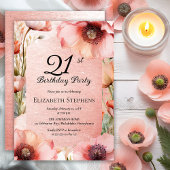 Elegant Pink Poppies Floral 21st Birthday Party Einladung