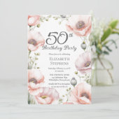 Elegant Pink Poppies Floral 50th Birthday Party Einladung (Stehend Vorderseite)