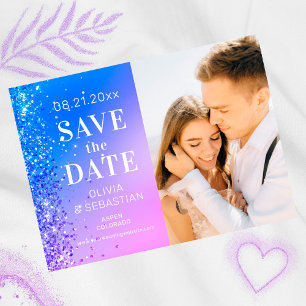 Elegant Pink Purple Blue Glitter Photo Wedding Save The Date