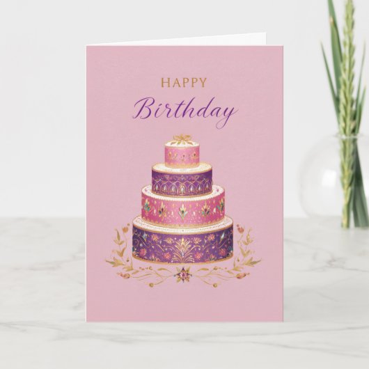 Elegant Pink, Purple & Gold Birthday Cake Karte (Vorderseite)