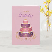 Elegant Pink, Purple & Gold Birthday Cake Karte (Gelbe Blume)