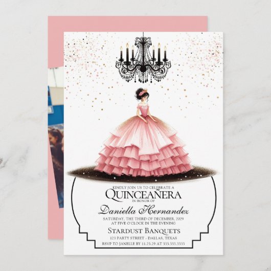 Elegant Pink Quinceañera Einladung (Vorne/Hinten)
