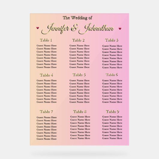 Elegant Pink Red Hearts Wedding Seating Chart Acrylschild (Vorderseite)