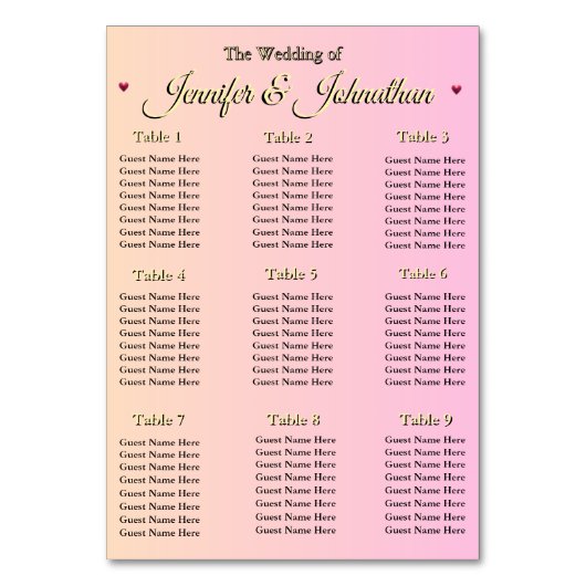 Elegant Pink Red Hearts Wedding Seating Chart Tischnummer (Vorderseite)