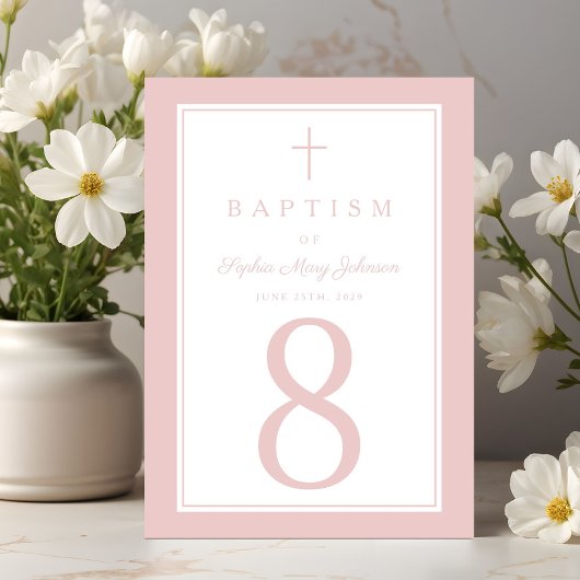 Elegant Pink Religious Cross Girl Baptism Tischnummer
