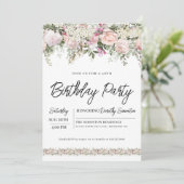 Elegant Pink Rose Floral 40. Geburtstag Einladung (Stehend Vorderseite)