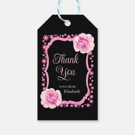 Elegant Pink Rose Floral Black Danke Geschenkanhänger (Vorderseite)