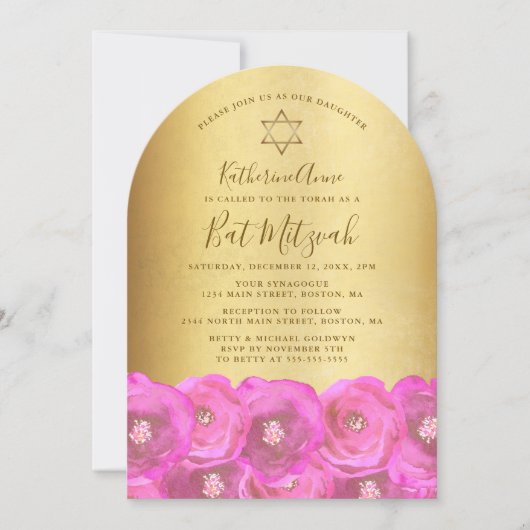 Elegant Pink Rose Floral Gold Bat Mitzvah Einladung (Vorderseite)