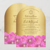 Elegant Pink Rose Floral Gold Bat Mitzvah Einladung (Vorne/Hinten)