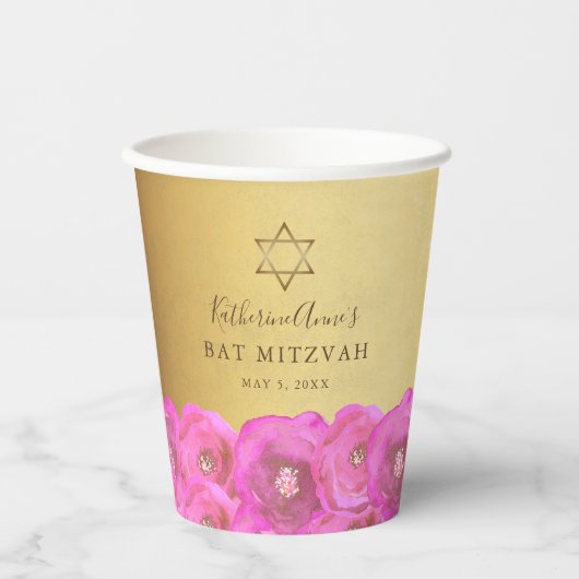 Elegant Pink Rose Floral Gold Bat Mitzvah Pappbecher (Vorderseite)