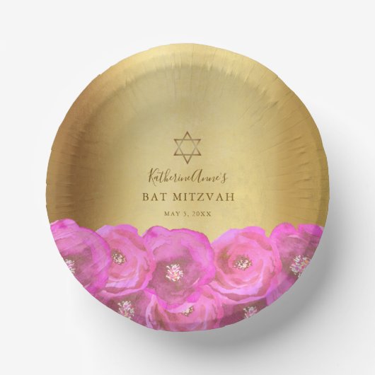 Elegant Pink Rose Floral Gold Bat Mitzvah Pappteller (Vorderseite)