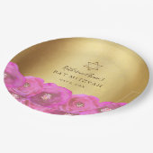 Elegant Pink Rose Floral Gold Bat Mitzvah Pappteller (Schrägansicht)