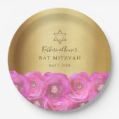 Elegant Pink Rose Floral Gold Bat Mitzvah Pappteller (Vorderseite)