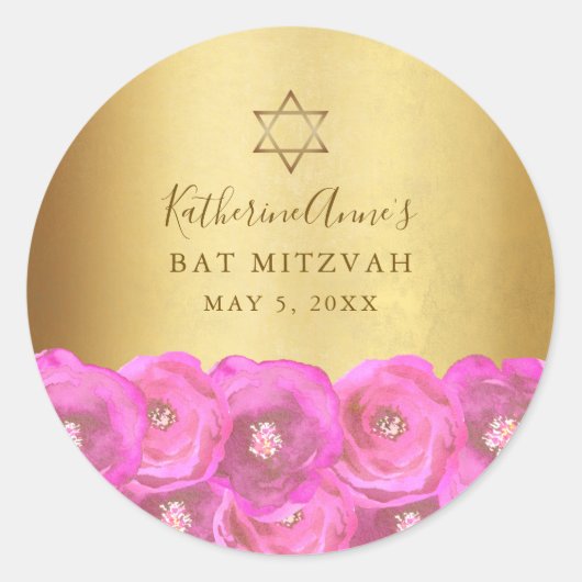 Elegant Pink Rose Floral Gold Bat Mitzvah Runder Aufkleber (Vorderseite)