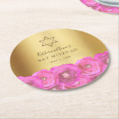 Elegant  Pink Rose Floral Gold Bat Mitzvah Runder Pappuntersetzer (Angewinkelt)