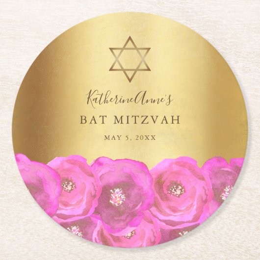 Elegant  Pink Rose Floral Gold Bat Mitzvah Runder Pappuntersetzer (Vorderseite)