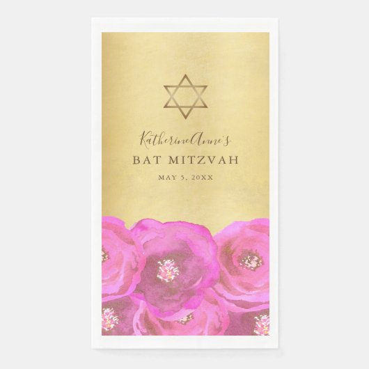 Elegant Pink Rose Floral Gold Bat Mitzvah Serviette (Vorderseite)