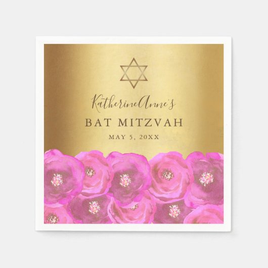 Elegant Pink Rose Floral Gold Bat Mitzvah Serviette (Vorderseite)