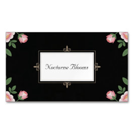 Elegant Pink Rose Floral Gold Scroll Black Magnetische Visitenkarte