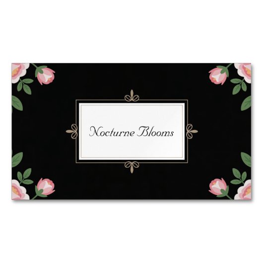 Elegant Pink Rose Floral Gold Scroll Black Magnetische Visitenkarte (Vorderseite)