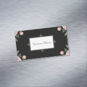 Elegant Pink Rose Floral Gold Scroll Black Magnetische Visitenkarte (Beispiel)