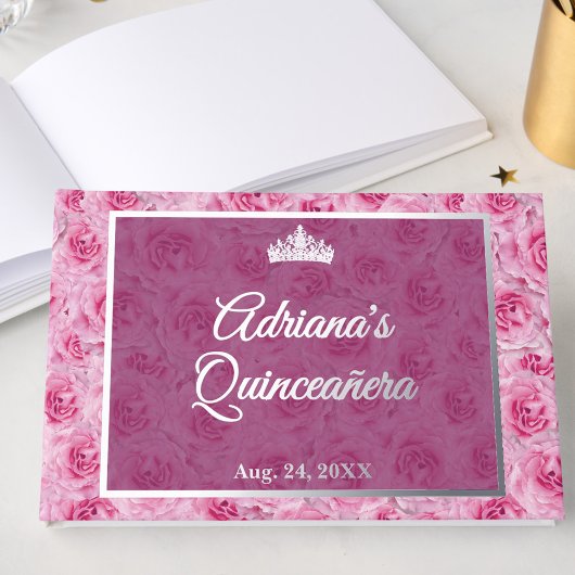 Elegant Pink Rose Floral Quinceanera Silver Gästebuch