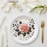 Elegant Pink Rose & Gold Floral Art Personalize Pappteller<br><div class="desc">These personalized paper plates showcase a stunning illustration of a soft pink rose surrounded by black leaves with gold veining, delicate white blossoms, and graceful golden vines forming a decorative circular frame. The luxurious floral artwork creates a romantic, feminine aesthetic perfect for weddings, bridal showers, birthdays, tea parties, anniversaries, or...</div>