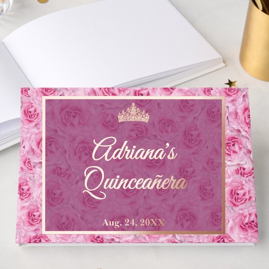 Elegant Pink Rose Gold Floral Quinceanera Gästebuch